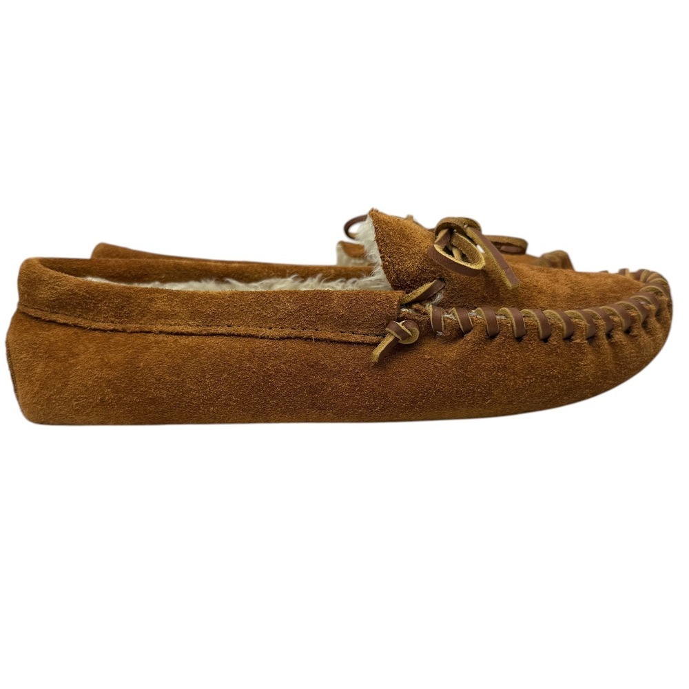 Minnetonka Moccasin Brown Suede Loafer Slippers Faux Fur Lined Women Size 7 ^